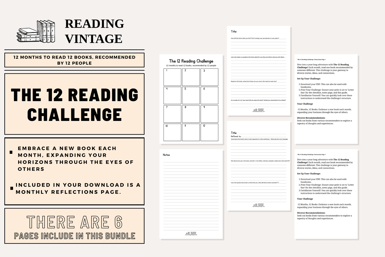 The 12 Reading Challenge (Year-Long Reading Prompts & Worksheets) – Digital Download PDF