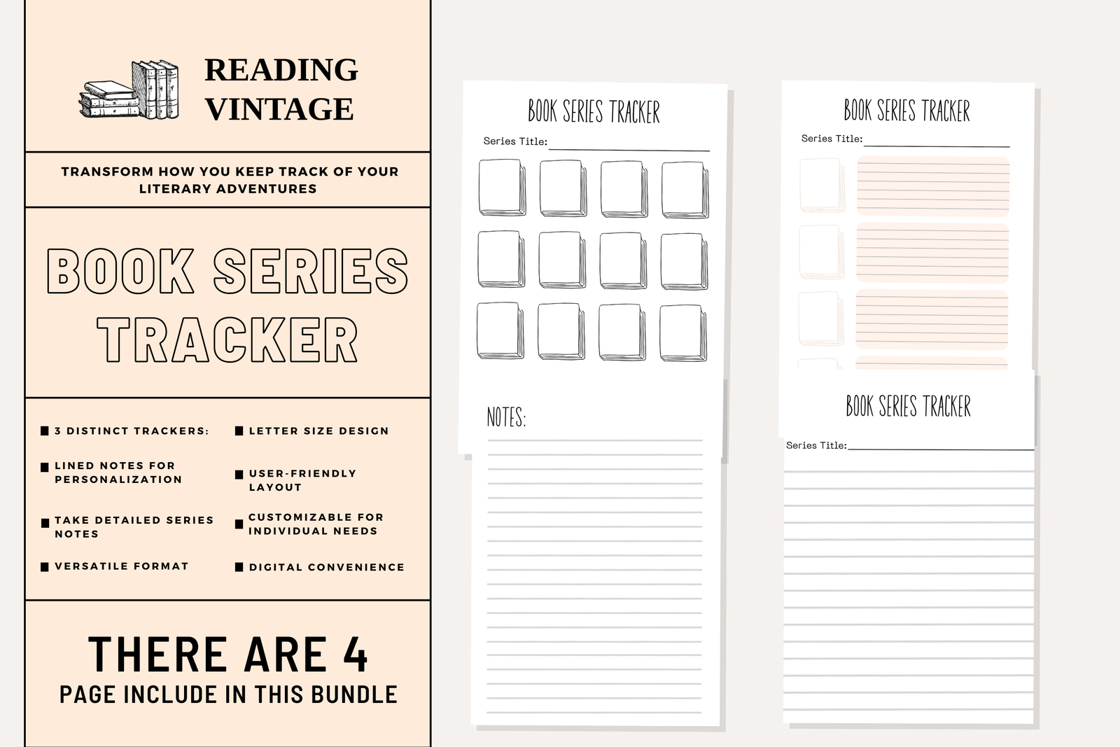 Ultimate Book Series Tracker (4 Printable Pages, Customizable) – Digital Download PDF | Reading Planner, Series Log