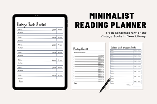 Minimalist Reading Planner Bundle – Letter-size PDF pages: wish lists, reading log, five-star reads, reviews, goals, quotes, monthly planner.
