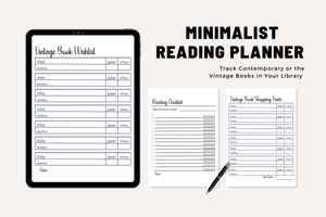 Minimalist Reading Planner Bundle – Letter-size PDF pages: wish lists, reading log, five-star reads, reviews, goals, quotes, monthly planner.
