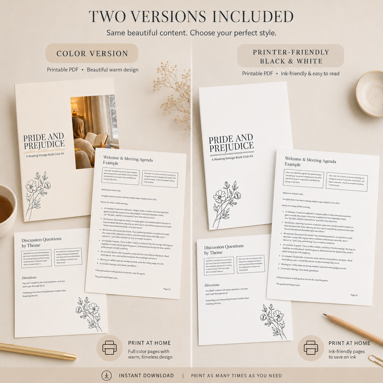 Pride and Prejudice Book Club Kit 74 Page Printable PDF Jane Austen Discussion Guide