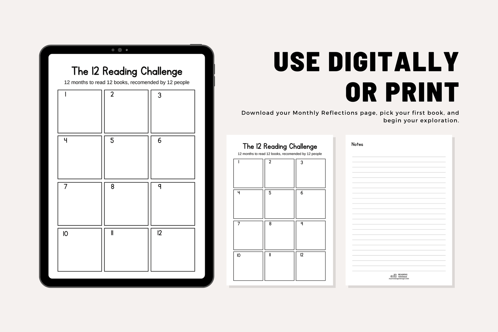 The 12 Reading Challenge (Year-Long Reading Prompts & Worksheets) – Digital Download PDF