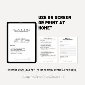 Choose Your Own Book Club Printable PDF Download | 12 Monthly Themes, Agenda, Questions & Worksheets