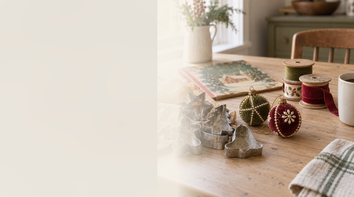 Vintage cookie cutters, velvet ornaments and ribbon on a worn wood table
