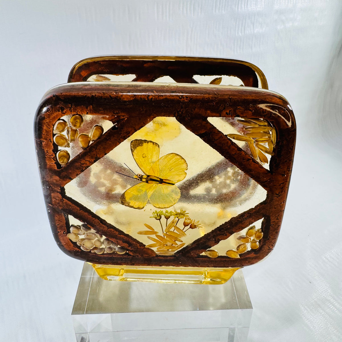 Front panel of the 1970s lucite napkin holder with wood grain style border and butterfly