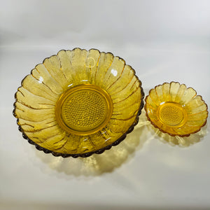 Vintage Anchor Hocking Amber Sunflower Bowls Honey Gold Glass Set