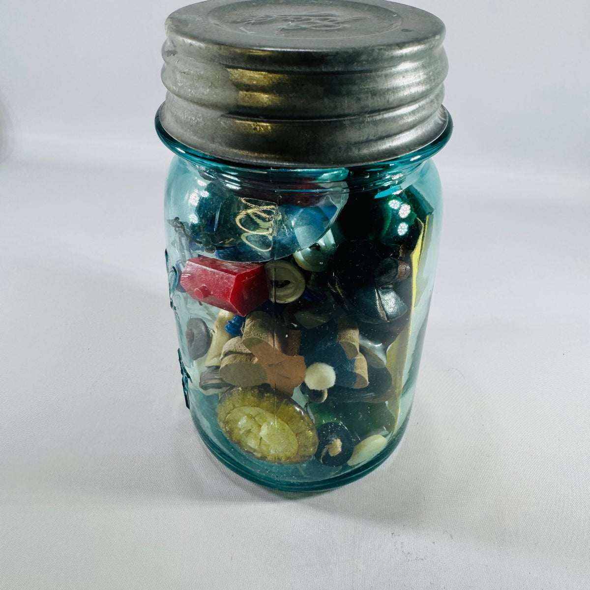 Vintage Blue Ball Perfect Mason Pint Jar with Zinc Lid — Filled Curiosity Collection, Buttons, Marbles, Toy Soldiers, Monopoly Pieces, Michigan License Tab