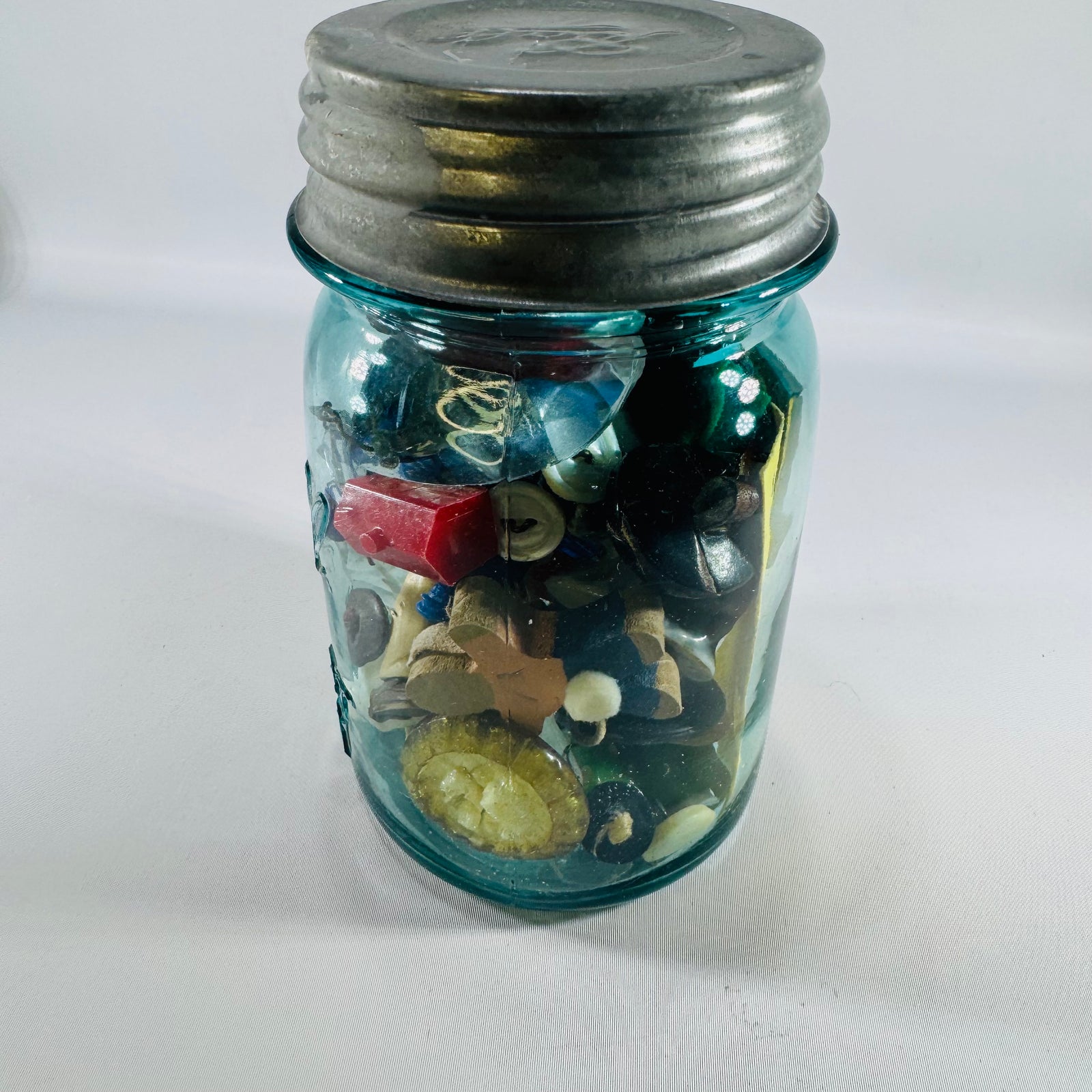 Vintage Blue Ball Perfect Mason Pint Jar with Zinc Lid — Filled Curiosity Collection, Buttons, Marbles, Toy Soldiers, Monopoly Pieces, Michigan License Tab