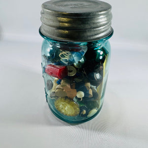 Vintage Blue Ball Perfect Mason Pint Jar with Zinc Lid — Filled Curiosity Collection, Buttons, Marbles, Toy Soldiers, Monopoly Pieces, Michigan License Tab