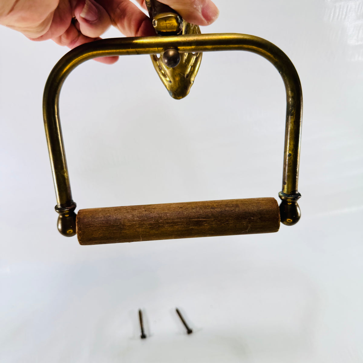 Full view of the vintage equestrian brass toilet paper holder with original screws