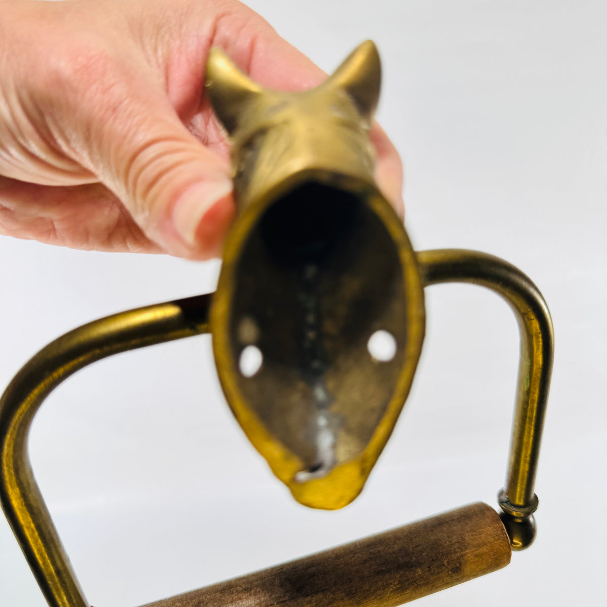 Back of the brass horse head wall mount showing the screw holes
