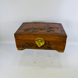 Vintage Carved Wood Jewelry Box with Mirror | Red Interior Keepsake Box