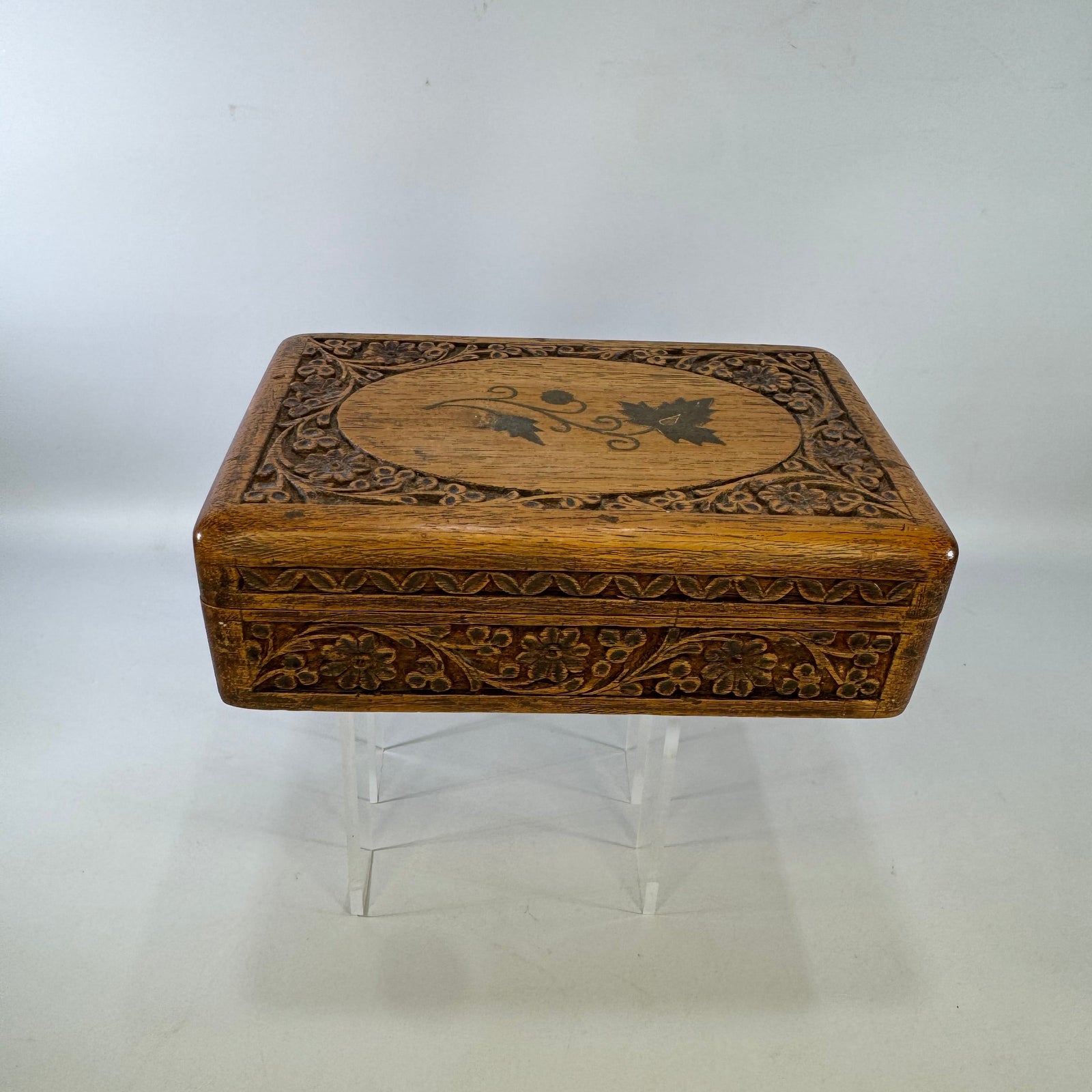 Vintage Carved Wood Trinket Box India | Floral Vine Keepsake Jewelry Box