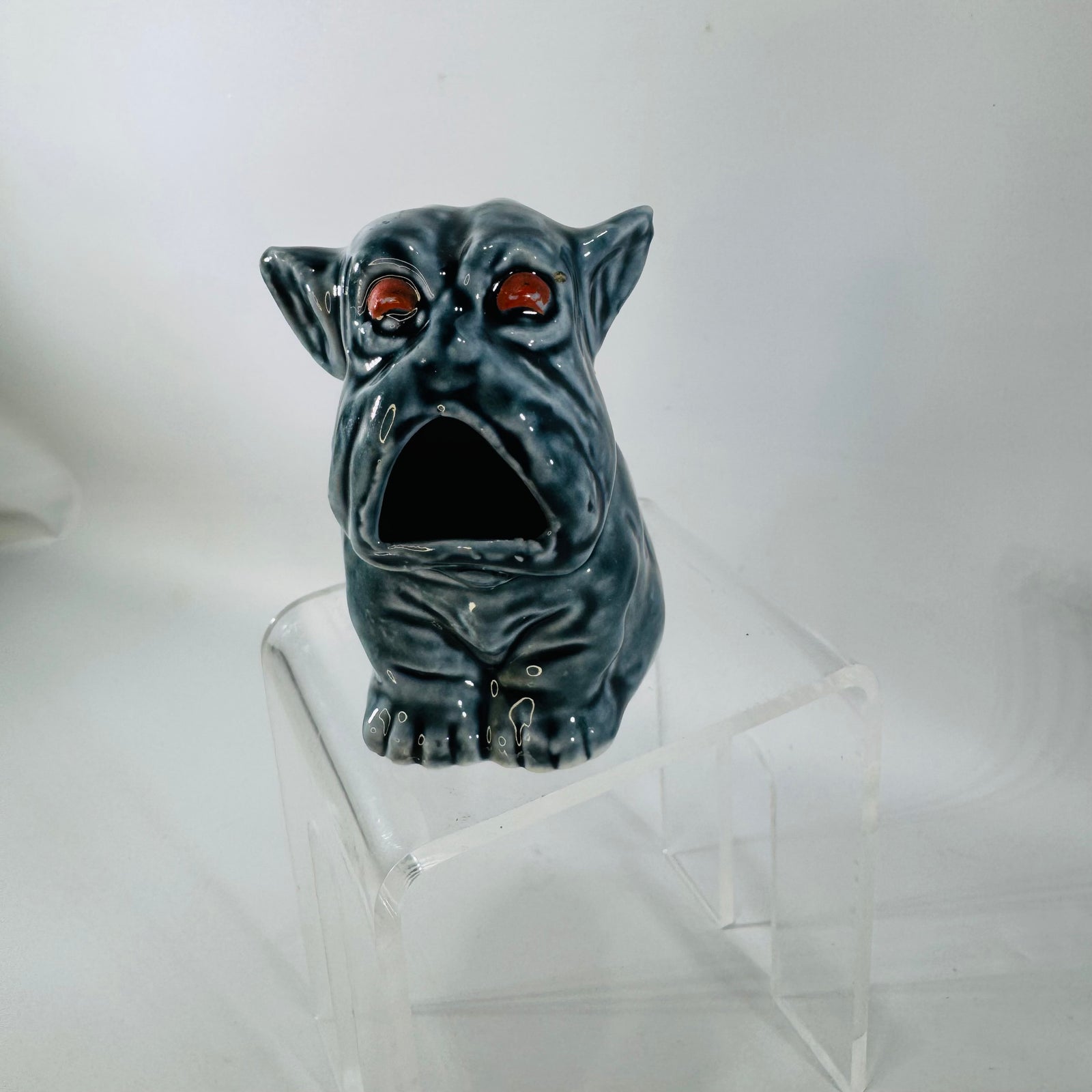 Vintage Ceramic Folk Art Dog Figurine | Blue Gray Southern Face Jug Style Decor