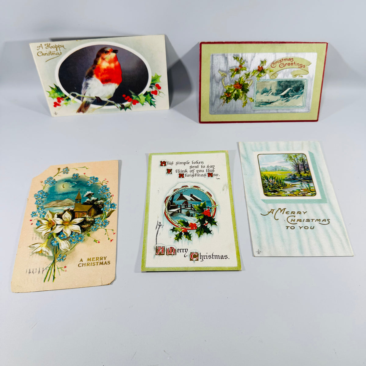 Vintage Christmas Postcards Lot of 5 | Antique Victorian Holiday Postcard Set | Robin Redbreast Holly Church 1900s–1910s