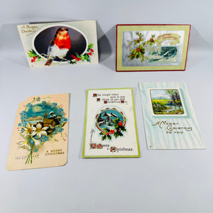 Vintage Christmas Postcards Lot of 5 | Antique Victorian Holiday Postcard Set | Robin Redbreast Holly Church 1900s–1910s