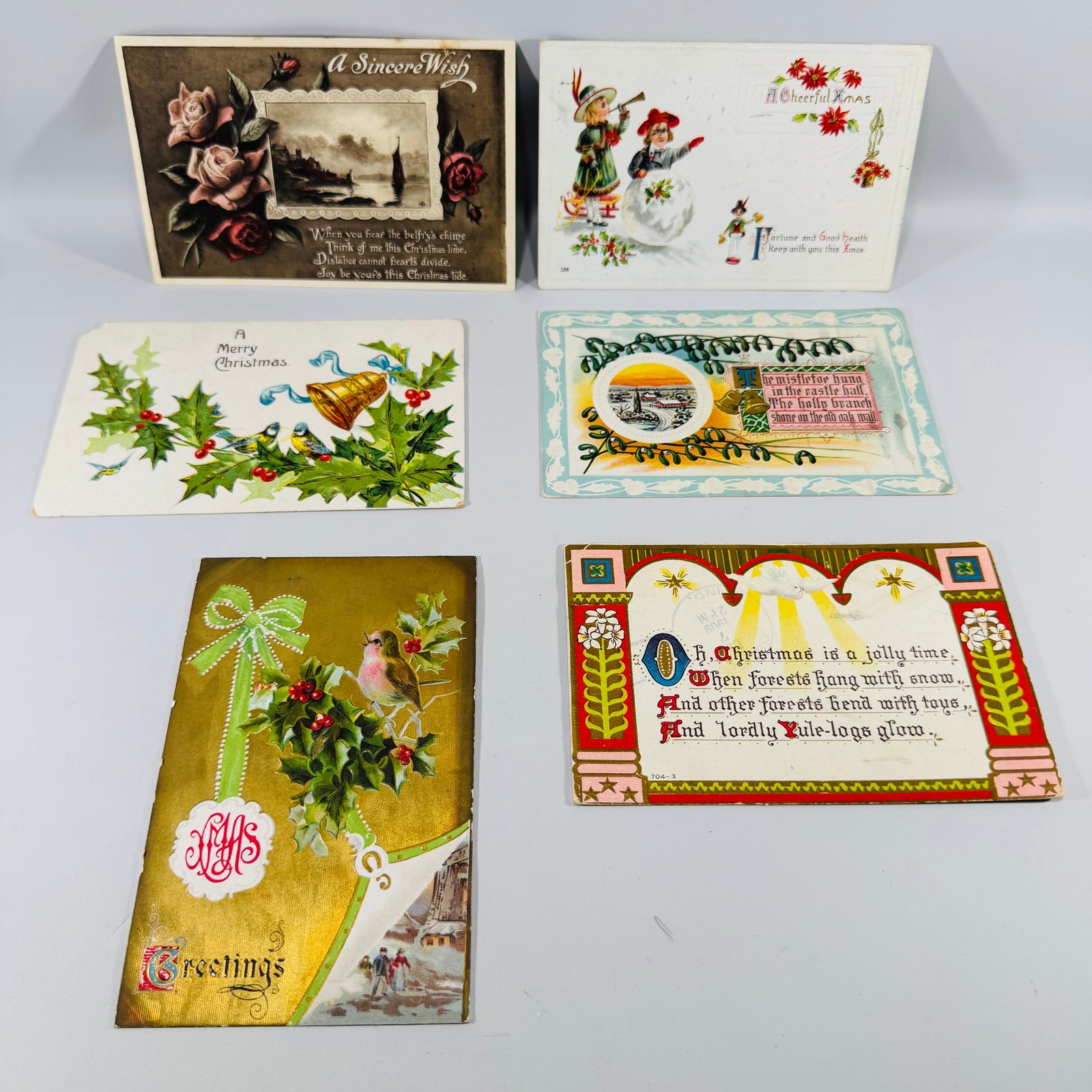 Vintage Christmas Postcards Lot of 6 Used Postmarked | Antique Edwardian Holiday Postcard Collection | Roses Holly Birds Verse 1908–1925