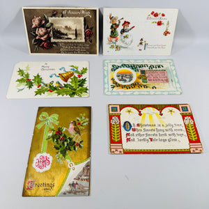 Vintage Christmas Postcards Lot of 6 Used Postmarked | Antique Edwardian Holiday Postcard Collection | Roses Holly Birds Verse 1908–1925