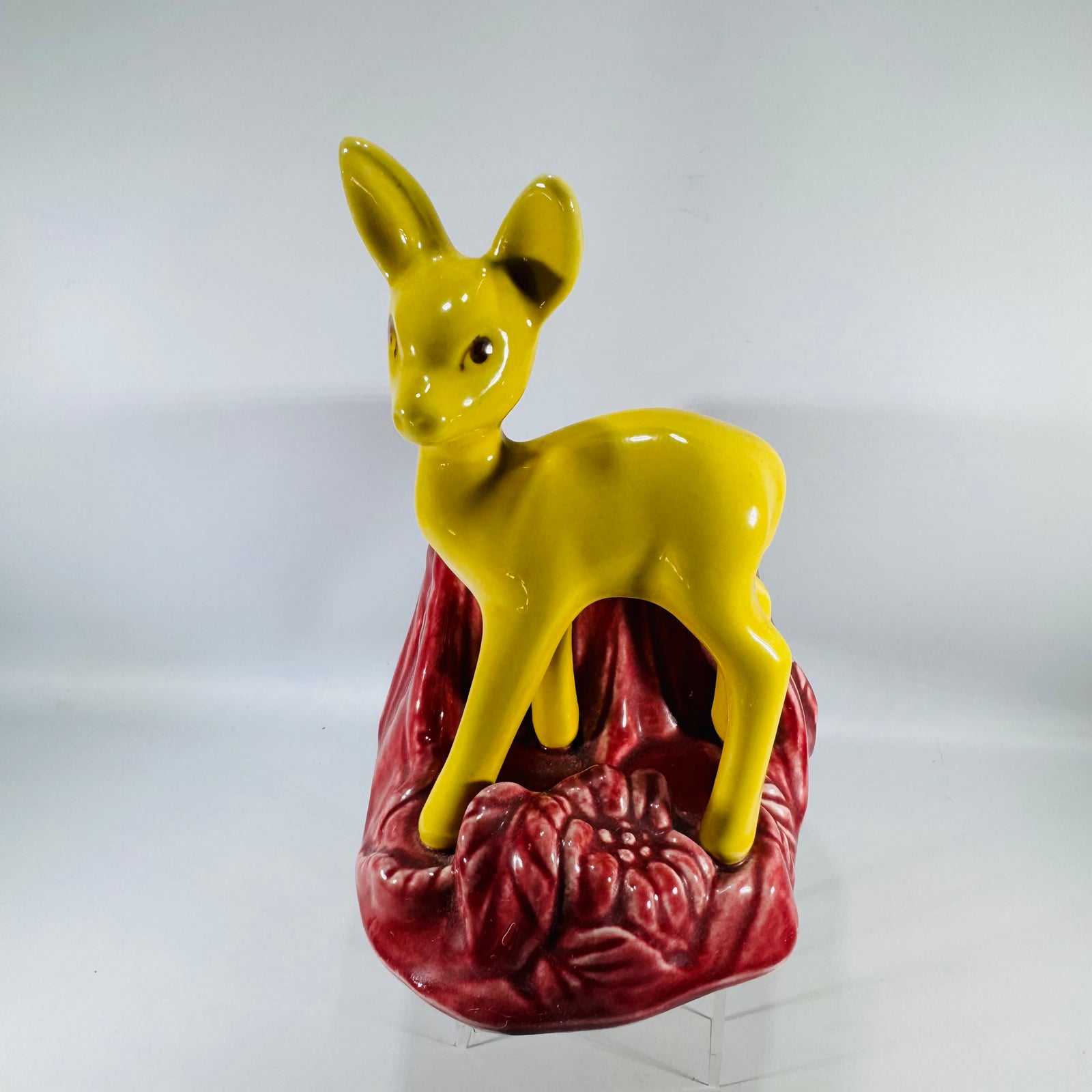 Vintage Shawnee Pottery Deer Planter | yellow fawn ceramic figural planter on maroon stump base
