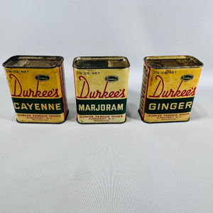 Vintage Durkee's Spice Tin Set of 3 — Cayenne, Marjoram, Ginger — Durkee Famous Foods Elmhurst NY, Mid-Century Kitchen Advertising Tins