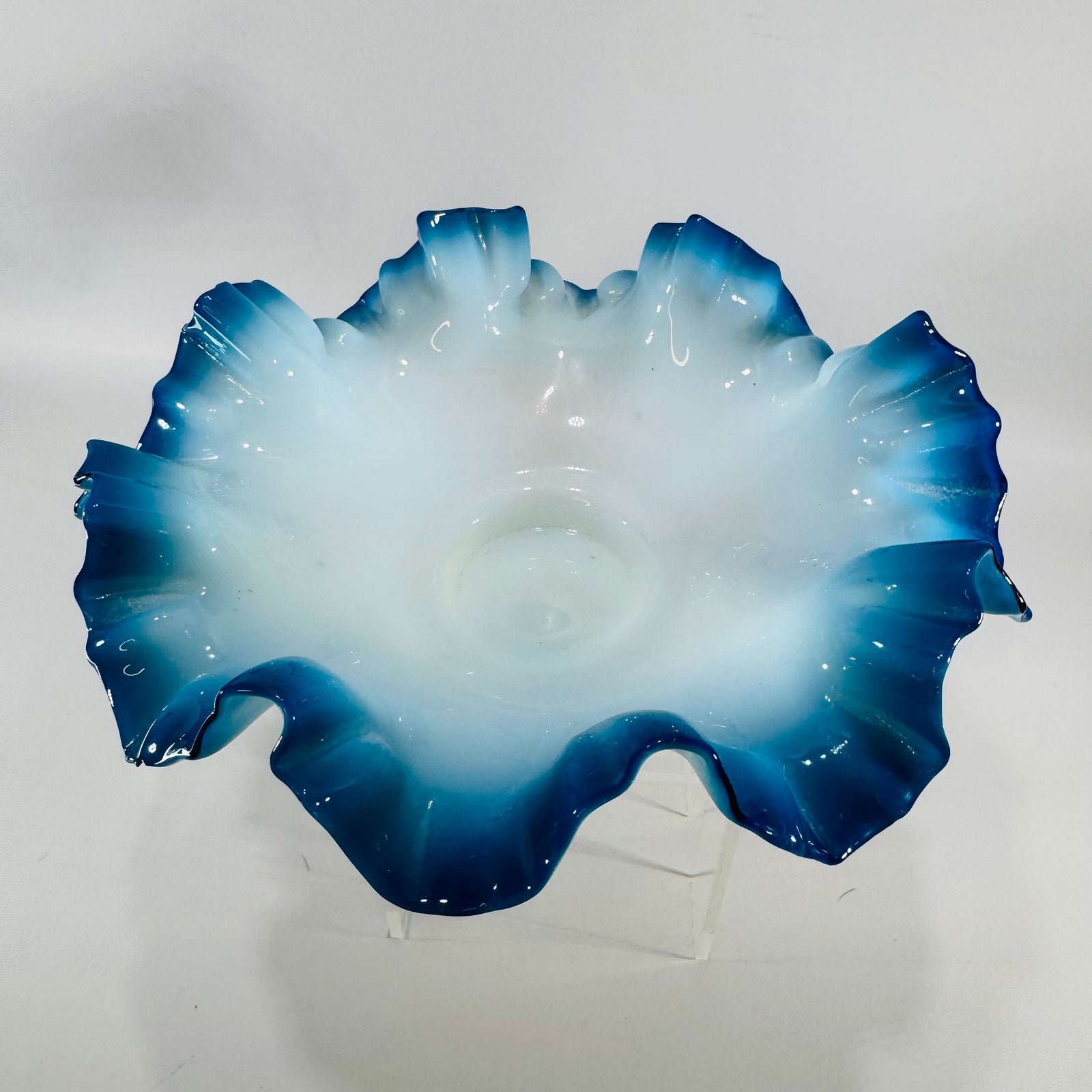 Vintage Fenton Blue Opalescent Ruffled Bowl Bride’s Bowl Art Glass Decor