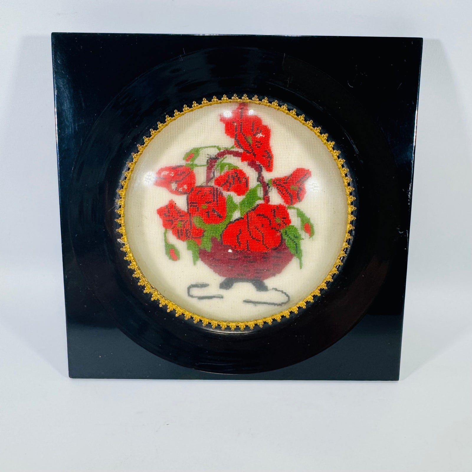 Vintage Framed Needlepoint Wall Art, Floral Cross Stitch Picture in Black Lacquer Frame
