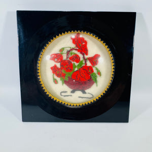 Vintage Framed Needlepoint Wall Art, Floral Cross Stitch Picture in Black Lacquer Frame