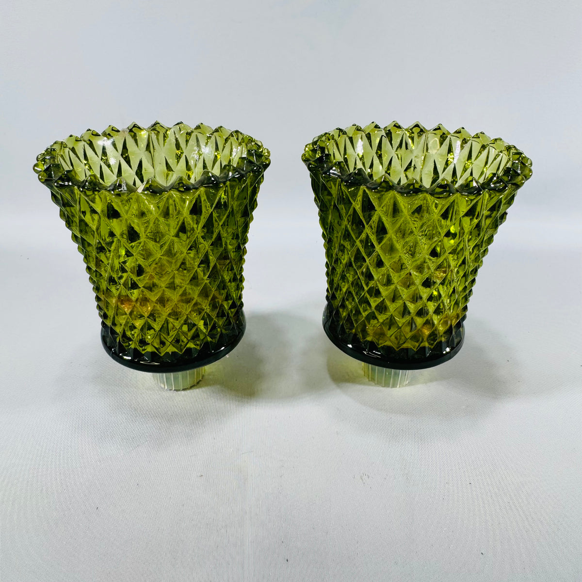 Vintage Green Glass Votive Candle Holders, Quilted Diamond Pattern, Pair