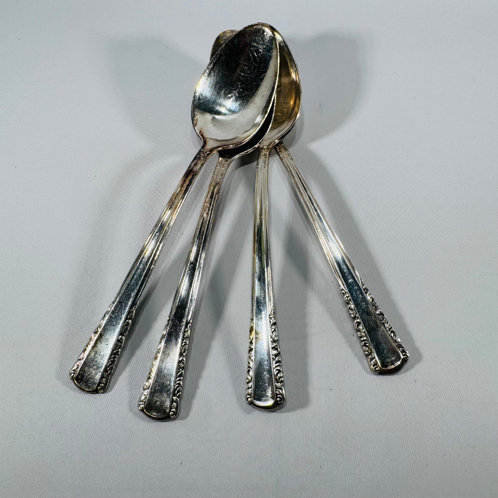 Vintage Holmes & Edwards May Queen Silverplate Spoons Set of 4, Inlaid IS, 7 Inch Floral Flatware