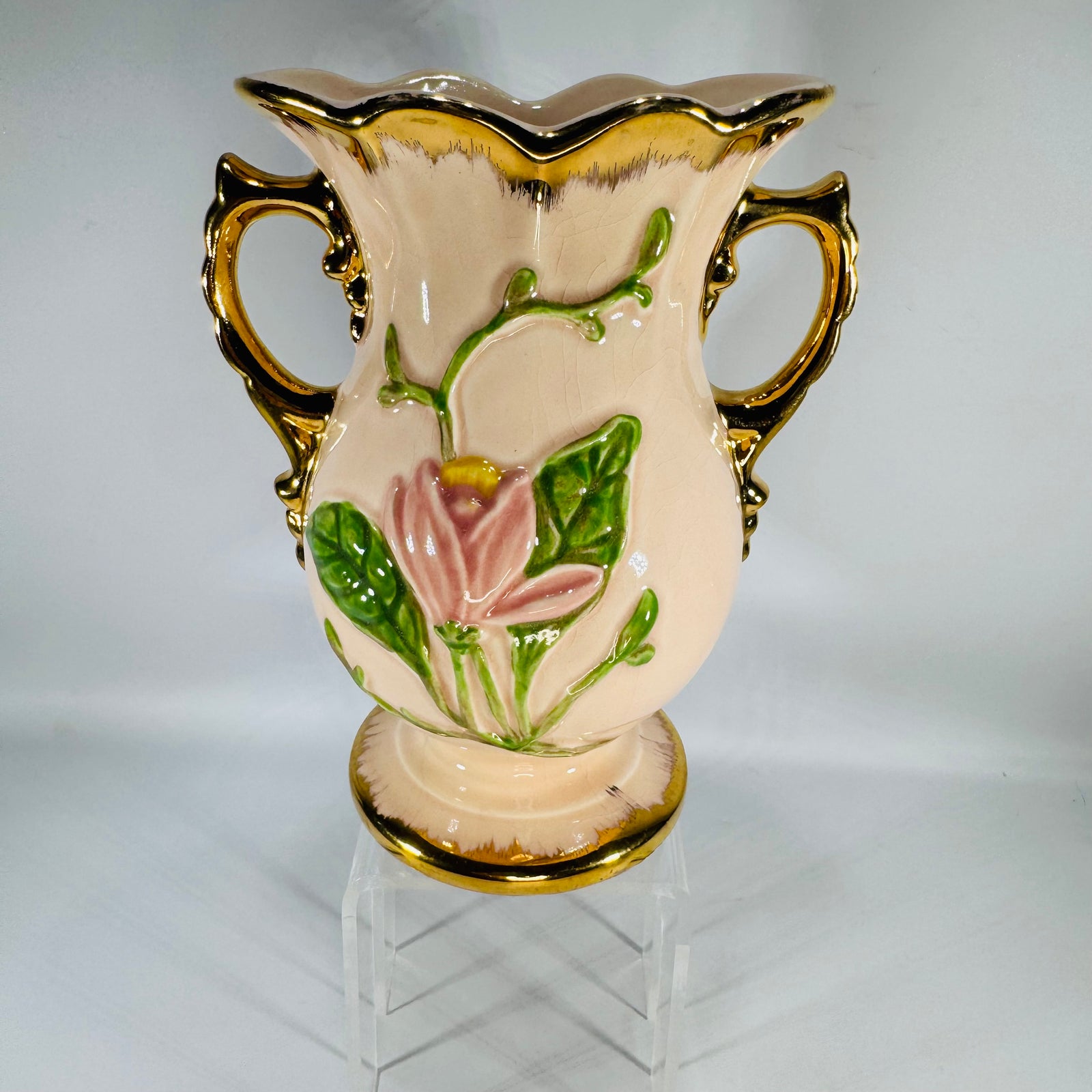 Vintage Hull Art Vase | pink floral pottery with gold handles