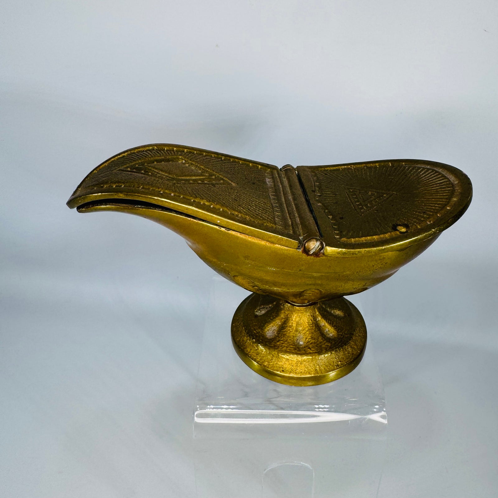 Vintage Brass Incense Boat | hinged liturgical brass vessel on pedestal base