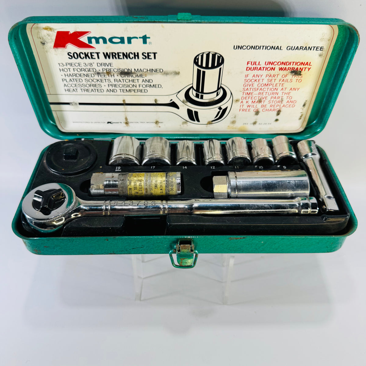 Vintage Kmart 13-Piece 3/8" Drive Metric Socket Wrench Set in Green Metal Case