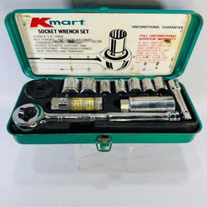 Vintage Kmart 13-Piece 3/8" Drive Metric Socket Wrench Set in Green Metal Case