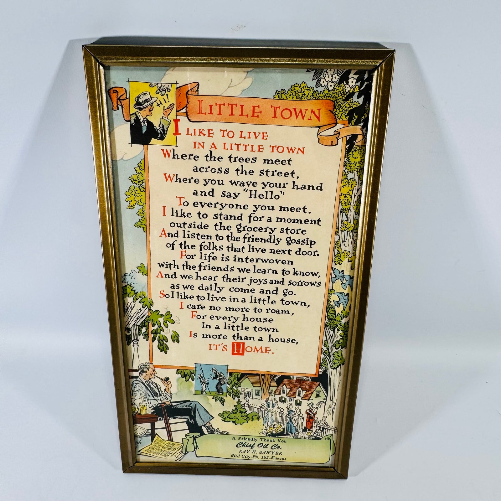 Vintage Little Town Framed Advertising Print | 1952 Chief Oil Co Kansas Motto Art