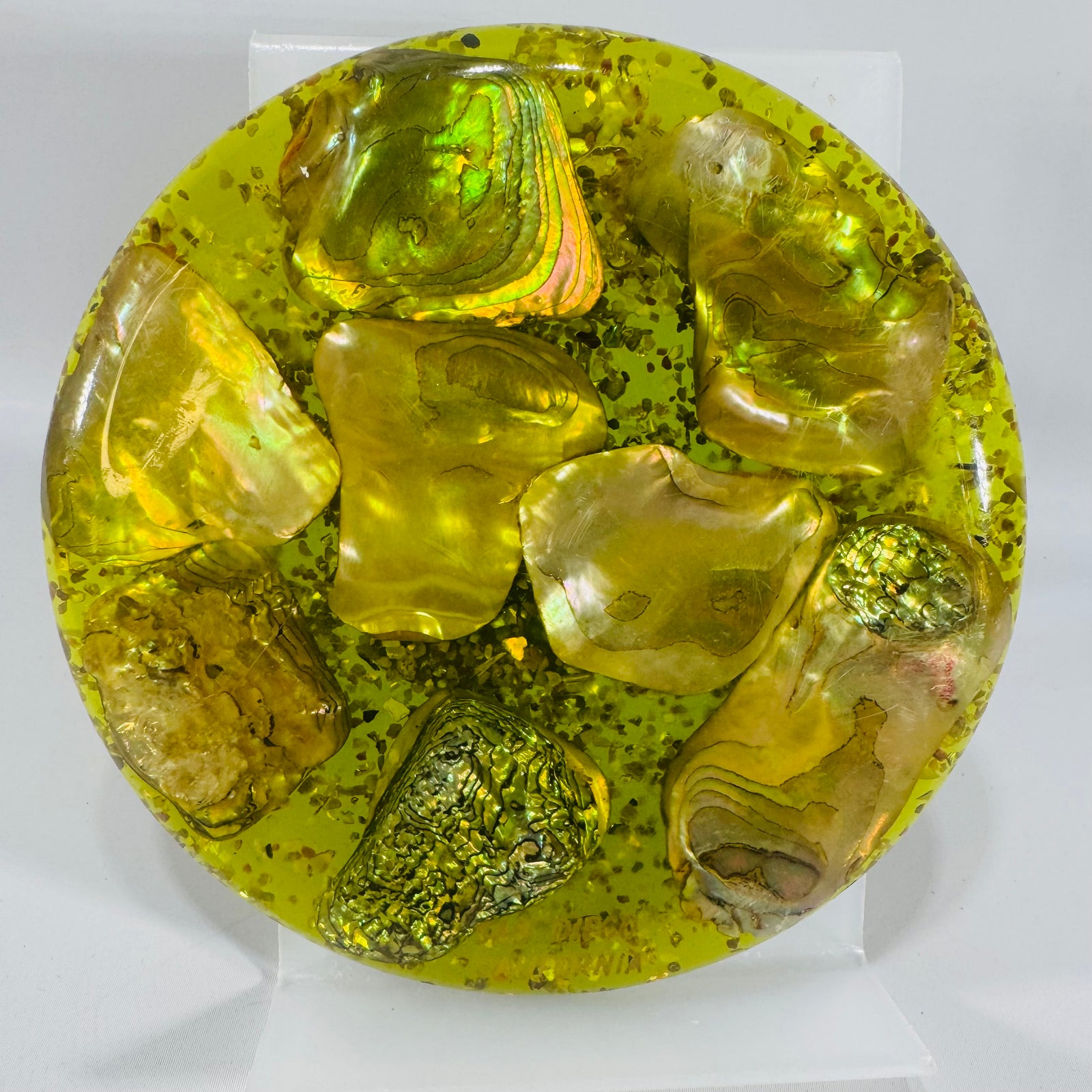 Vintage Lucite Abalone Shell Trivet by Hyler Enterprises | 1960s–1970s California Hot Plate