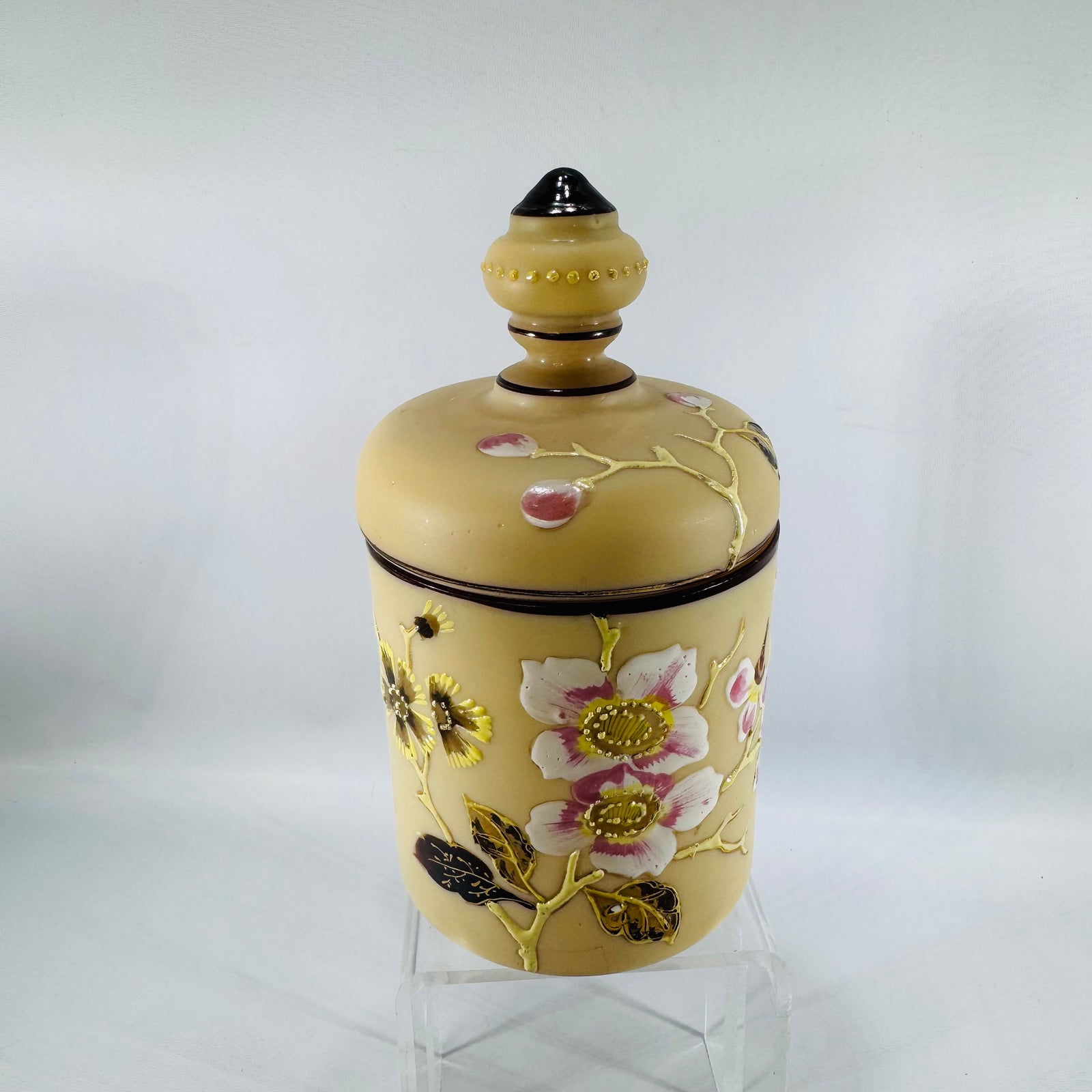 Vintage Marked Porcelain Lidded Jar Hand Painted Floral Decorative Vessel