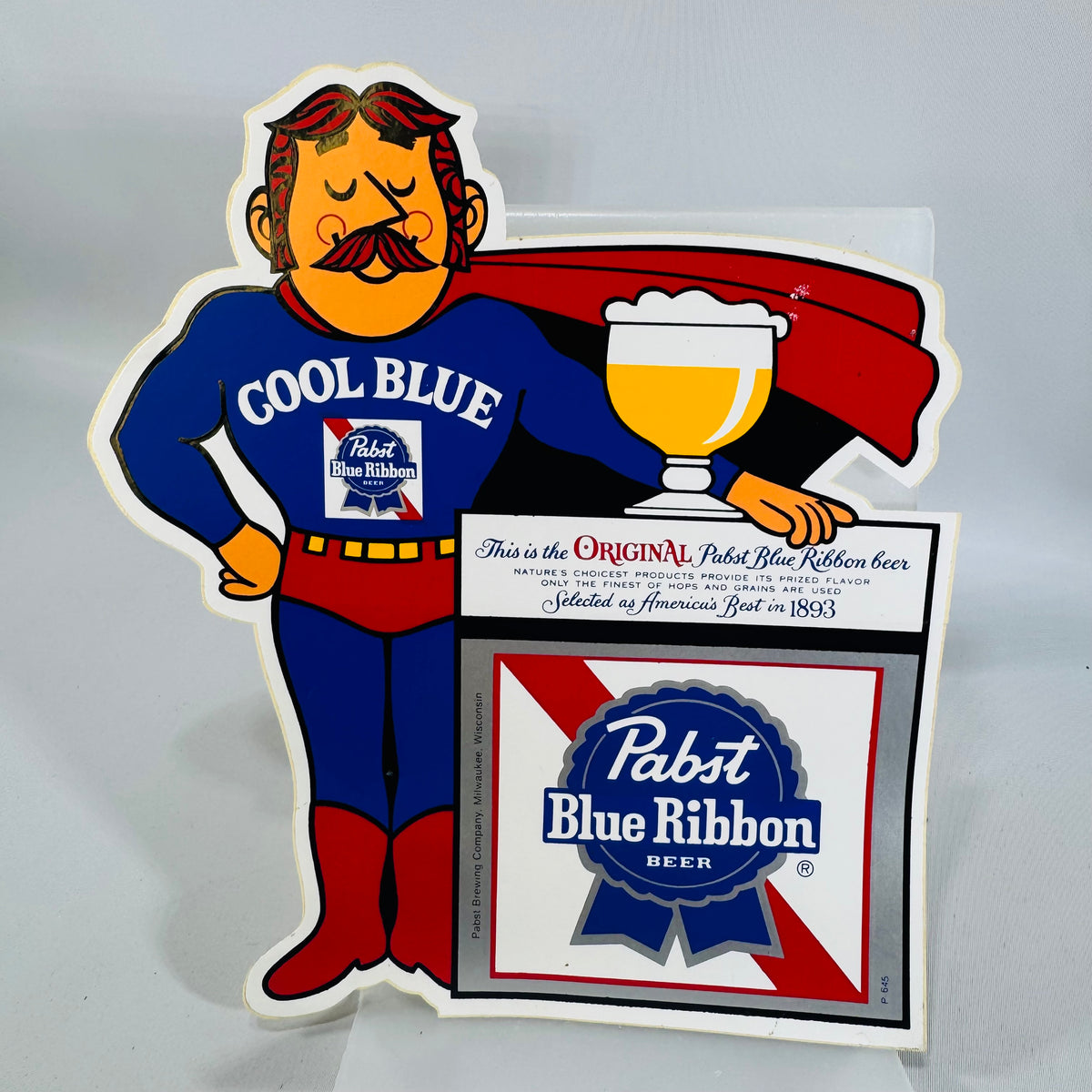 Vintage Pabst Blue Ribbon "Cool Blue" Superhero Die-Cut sticker  — PBR Breweriana Advertising Display, Pabst Brewing Company Milwaukee Wisconsin
