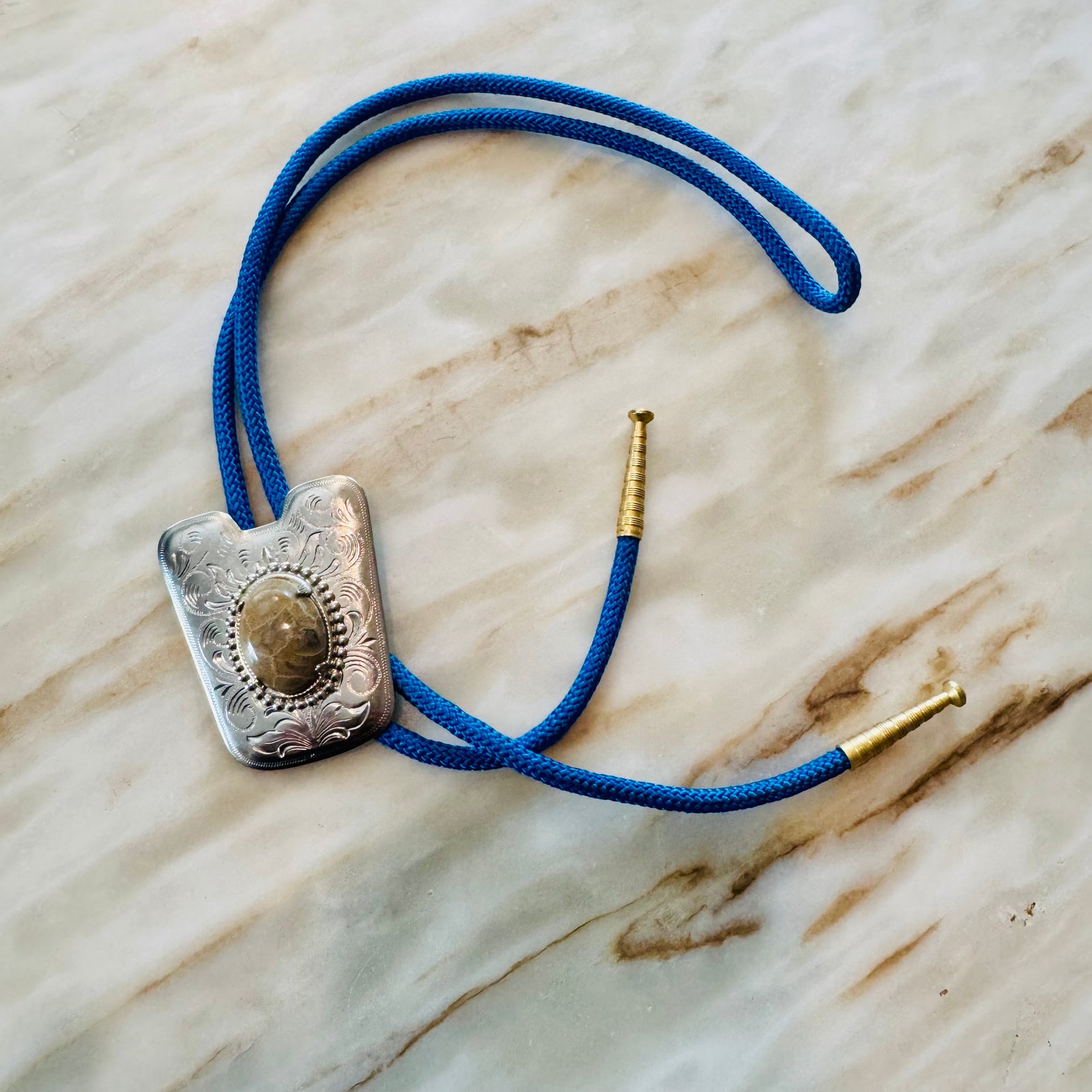Vintage Petoskey Stone Bolo Tie — Blue Cord Western Slide (17")