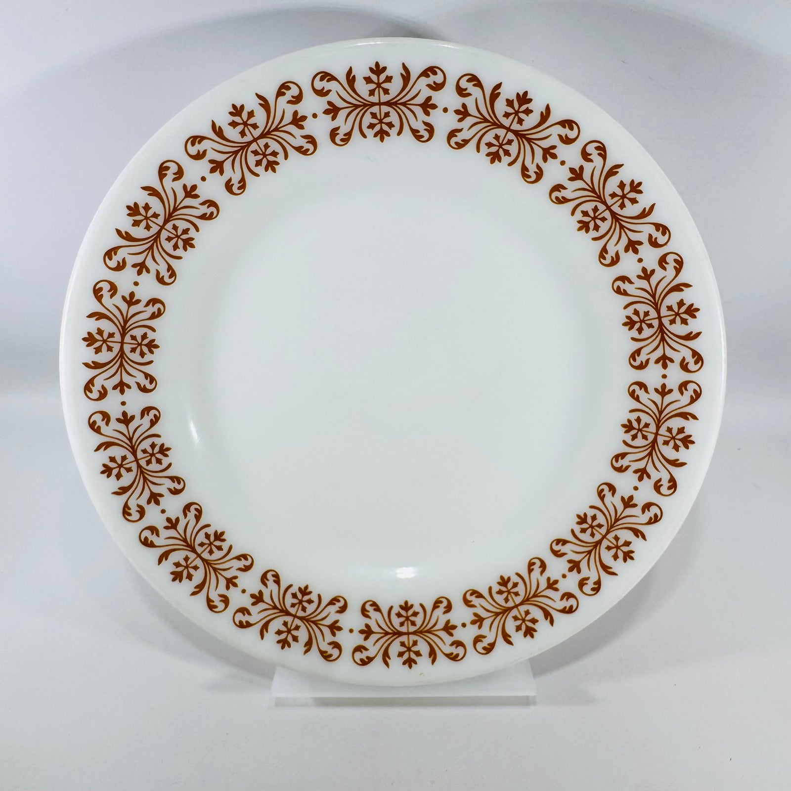 Pyrex Copper Filigree Dinner Plate | Milk Glass Brown Scroll Tableware