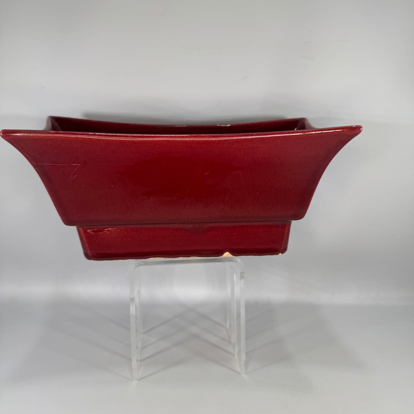 Vintage Red Ceramic Planter | flared rectangular art pottery vase