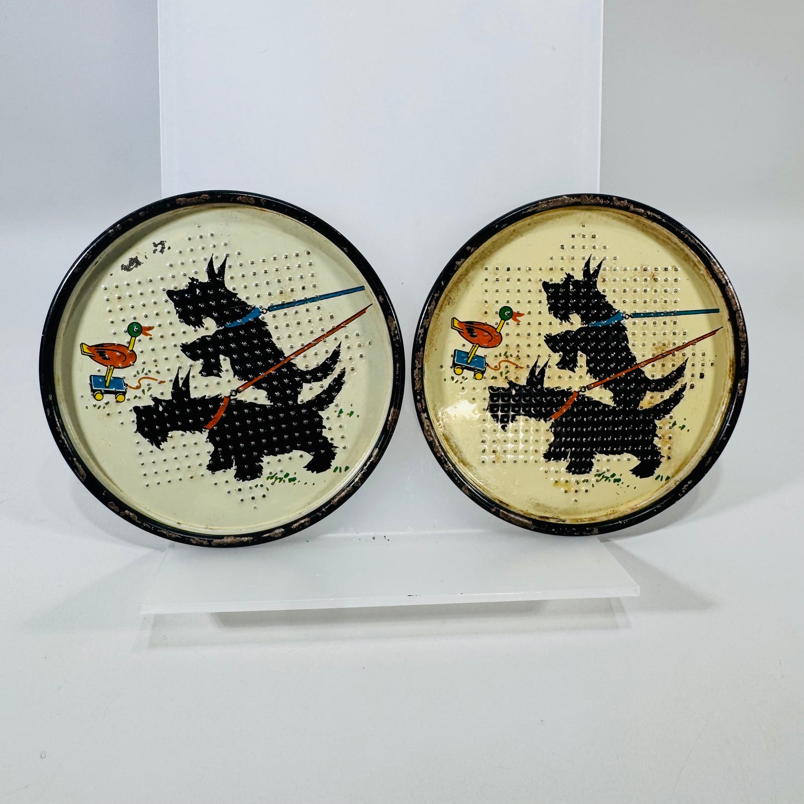 Vintage Scottie Dog Metal Coasters, Set of 2, Mid Century Tin Litho Terrier Drink Coasters