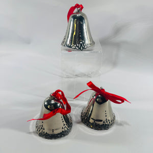 Vintage Silver Metal Bell Ornaments Set of 3 Red Ribbon Christmas Decor