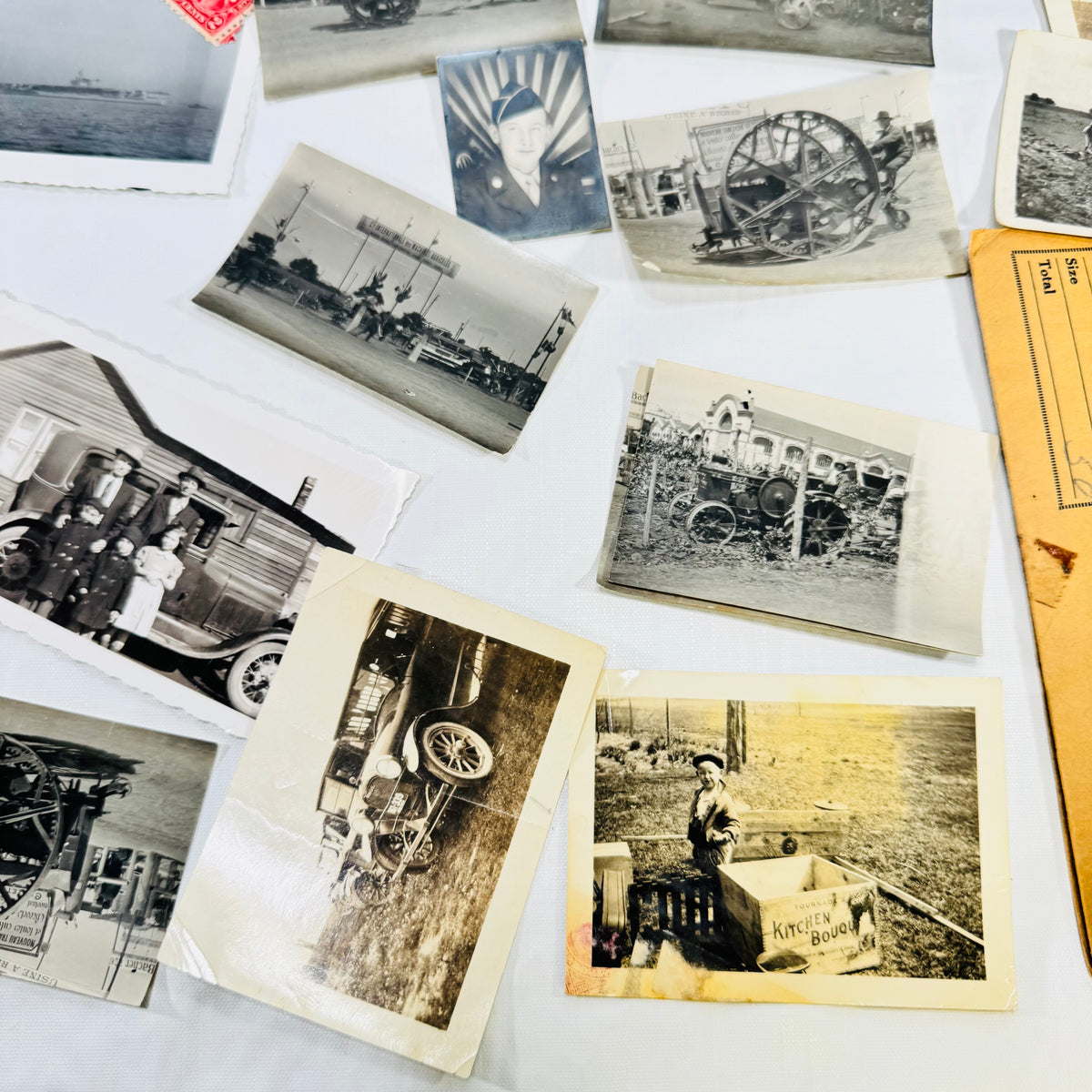 Close-up of antique tractor, early car, and street scene snapshots