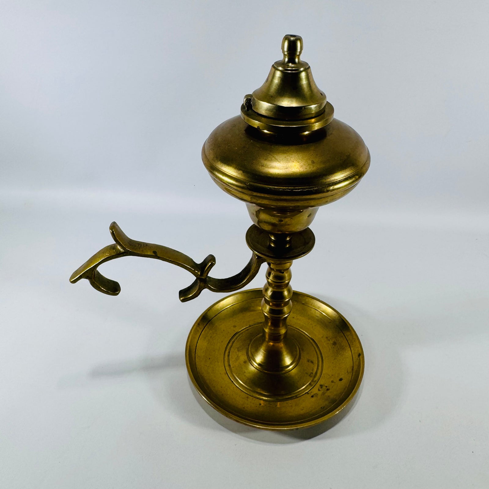 Vintage Solid Brass Whale Oil Finger Lamp | Hinged Lid Brass Lighting Collectible