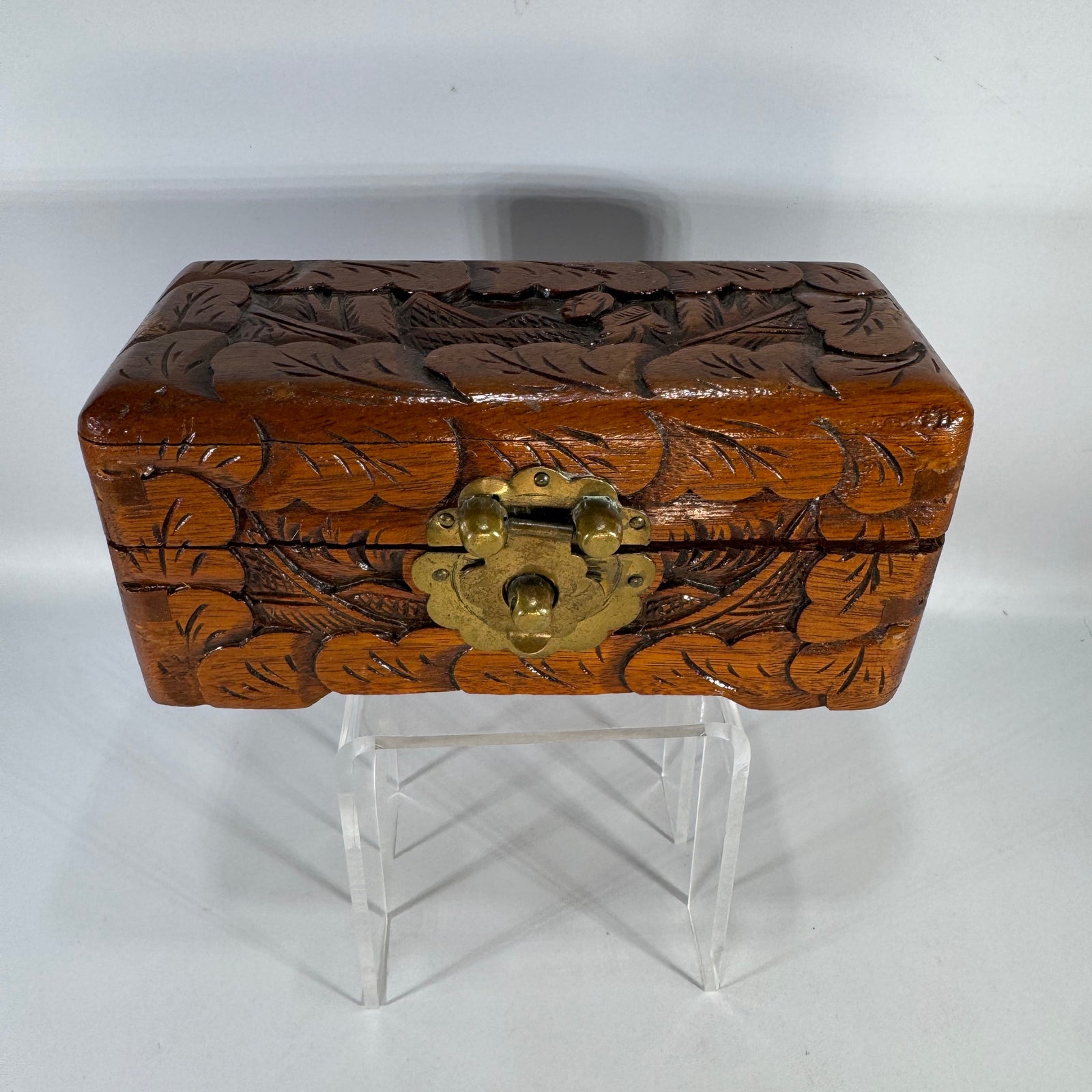 Vintage Hand Carved Wooden Trinket Box | camphor wood style floral jewelry chest