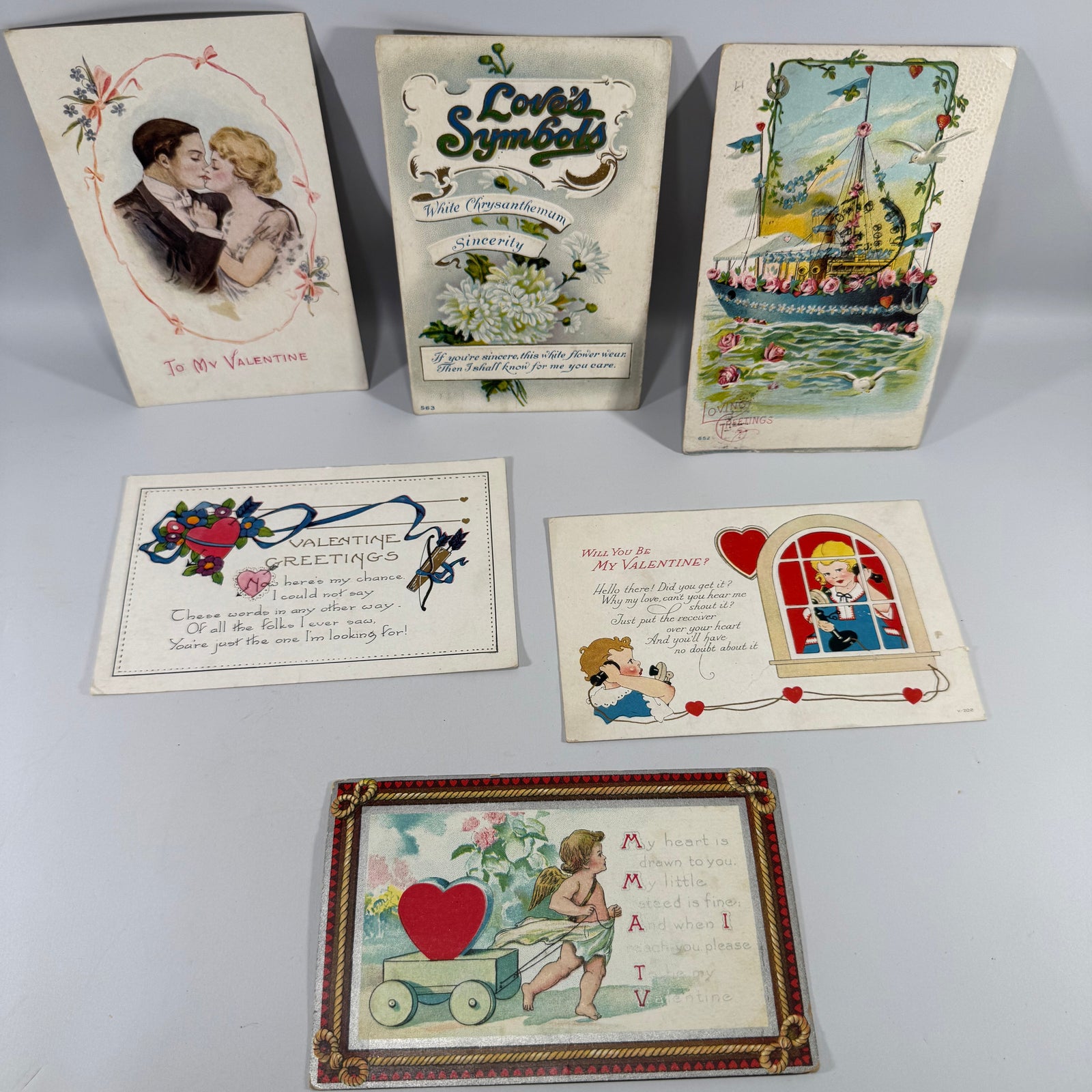 Vintage Valentine Postcards Lot of 6 | Antique Edwardian Valentine Postcard Set | Romantic Couple Cupid Heart Flowers 1900s–1920s