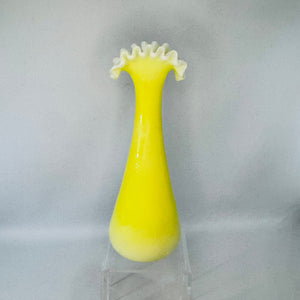 Vintage Yellow Cased Glass Ruffle Vase | White Rim Art Glass Bud Vase