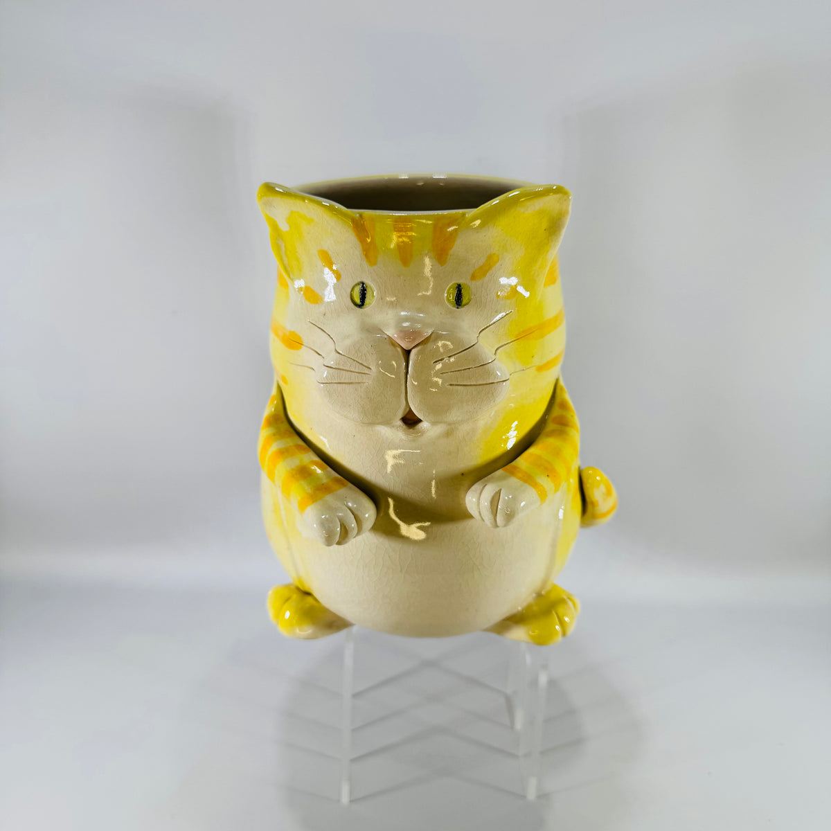 Vintage Hibisus Pottery Yellow Ceramic Cat Planter | Striped Cat Desk Organizer or Kitchen Utensil Crock