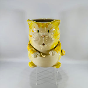 Vintage Hibisus Pottery Yellow Ceramic Cat Planter | Striped Cat Desk Organizer or Kitchen Utensil Crock