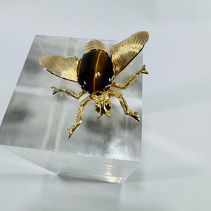 Tiger Eye Insect Brooch 1960s Gold Tone Bug Pin Textured Wings Vintage Costume Jewelry